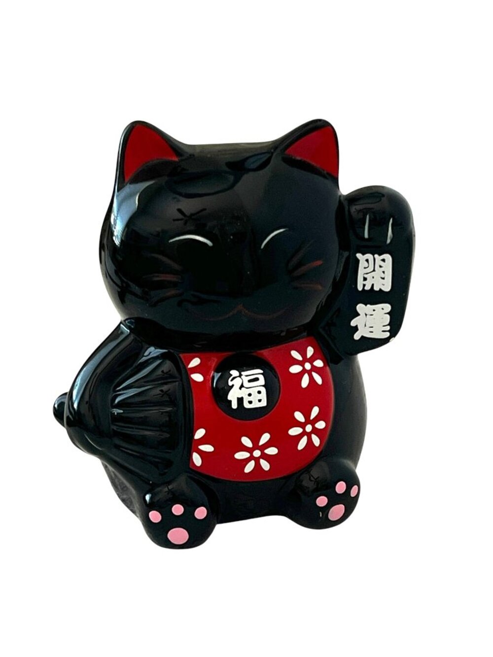 Lucky Black Maneki Neko Cat Figurine With Red Accents - Ceramic 6" Tall Japan